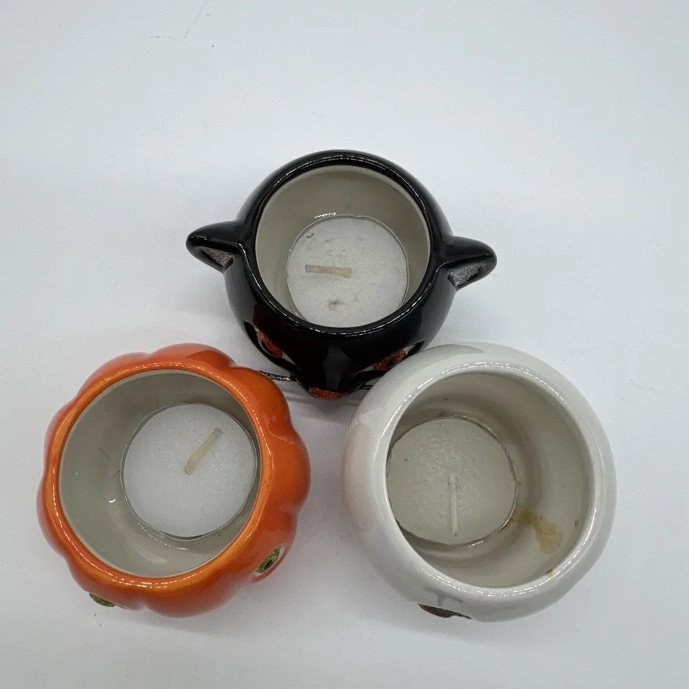 Hallmark Halloween Tea Light Votives Jack O'Lantern Skull Black Cat Candles Set
